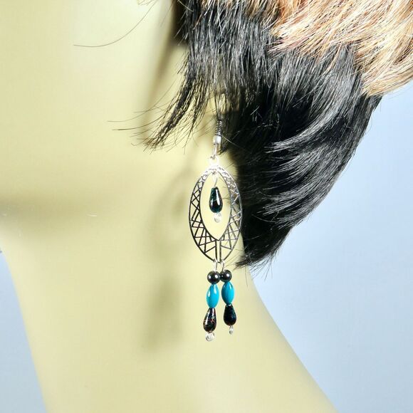 Silver Toned Chandelier Earrings, Hematite Jewelry, Long Dangle Earrings Women - Picture 6 of 9